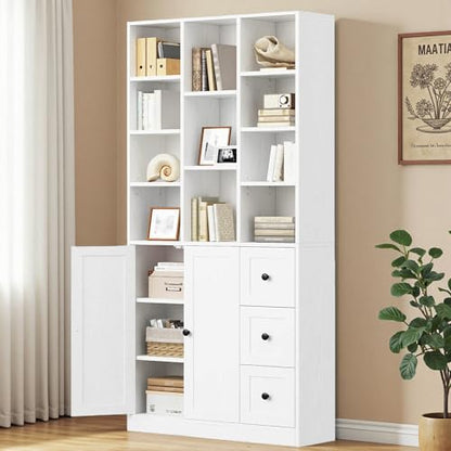IRONCK 71" Tall Bookshelf and Bookcase with Cabinet and 3 Drawers, 7 Tier Bookshelves with Doors and Open Shelves for Living Room, Home Office, White