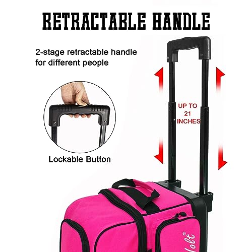 WOLT Double Roller 2 Ball Bowling Bag with Separate Shoe Compartment, Large Capacity Bowling Ball Bag with Accessory Pocket, Retractable Handle Extends to 40" - color: Pink