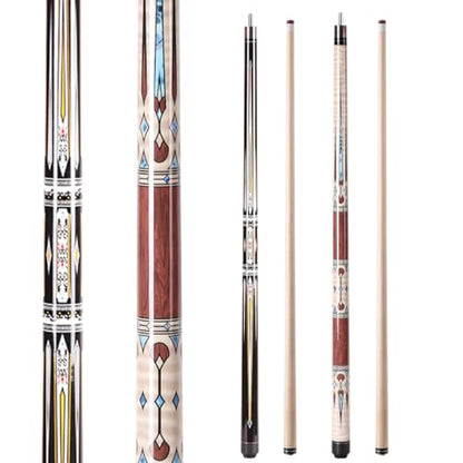 58" Professional Pool Cue Stick Set- Canadian Maple Shaft with Irish Linen Wrap, 13mm Leather Tip, Brass Joint; Includes Glove Cue Bag - color: Red & White
