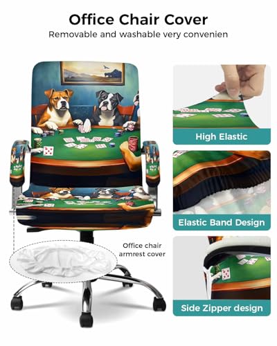 Abstract Animal Office Chair Cover with Armrest Covers, Dog in The Room Poker Games Universal Stretch Desk Rotating Chair Slipcovers, Removable Seat Protector with Zipper, L - color: Dark Green Brown, size: Large & 2PCS Armrest Covers