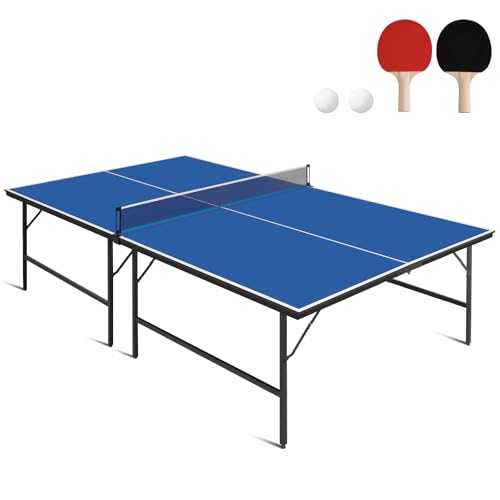 Portable Ping Pong Table, Foldable Indoor Table Tennis Game with 2 Paddles 2 Balls and Net, Quick Assembly Folding Table for Adults and Teens Home Game Room - color: 9ft-blue
