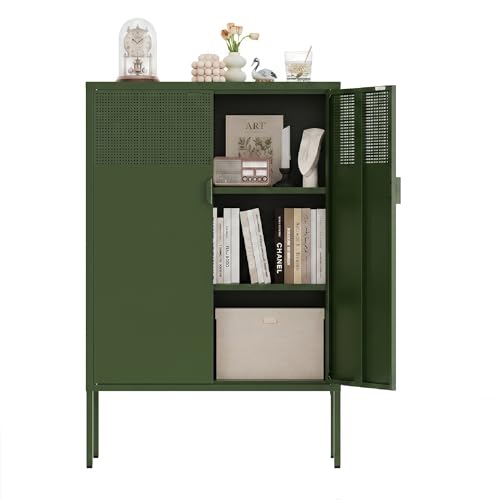 Metal Storage Cabinet,2 Door TV Stand, Metal Mesh Accent Cabinet,Magnetic Door Closure,Low Storage Cabinets with Doors and Shelves - color: Green, size: 47"H