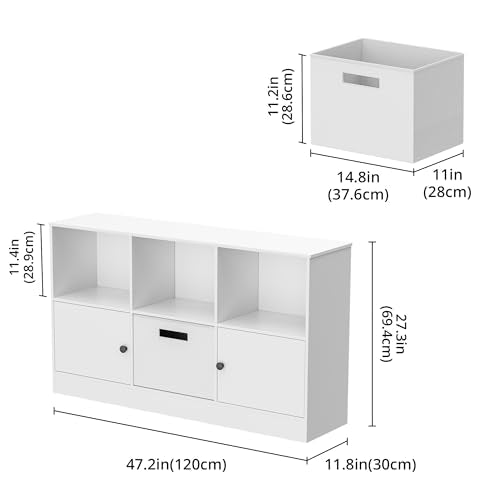 Housoul Cube Bookcase with 2 Doors, 6-Cube Wooden Bookshelf with Fabric Drawer, 2-Tier Floor Standing Display Cabinet Organizer, Kids Open Shelf Low Bookcase for Living Room, Bedroom, Office, White