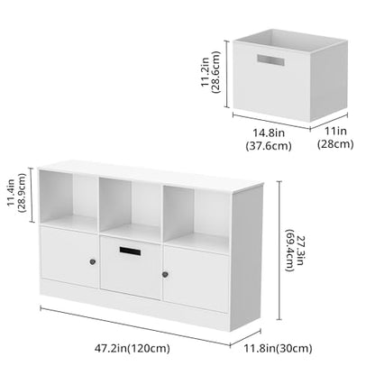 Housoul Cube Bookcase with 2 Doors, 6-Cube Wooden Bookshelf with Fabric Drawer, 2-Tier Floor Standing Display Cabinet Organizer, Kids Open Shelf Low Bookcase for Living Room, Bedroom, Office, White