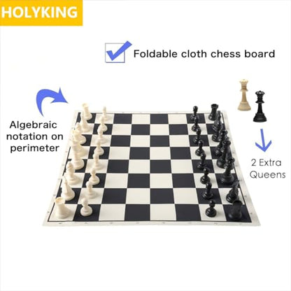 HOLYKING 19" Roll Up Chess Board Set - Portable Travel Chess Game with Weighted Plastic Pieces & No-Wrinkle Cloth Chessboard for Kids Adults Beginners - Includes Extra Queens & Cotton Carry Bag - size: 19 Inches