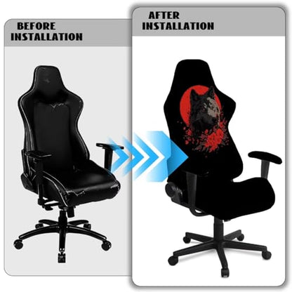 Wolf Flower Print Game Chair Cover with Armrest Covers Soft Comfy Elastic Computer & Gaming Chair Slipcover Dust-Proof Washable Rotating Chairs Protector - color: Black and Red - Wolf Flower