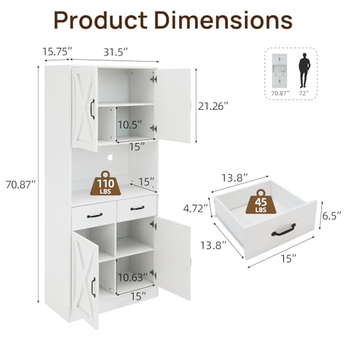 71" Tall Kitchen Pantry Cabinet，Farmhouse Storage Cabinet with Barn Doors and Adjustable Shelves, Heavy Duty White Microwave Cabinet with Drawers for Dining Room, Living Room - color: White, style: Pantry Cabinet