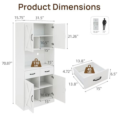 71" Tall Kitchen Pantry Cabinet，Farmhouse Storage Cabinet with Barn Doors and Adjustable Shelves, Heavy Duty White Microwave Cabinet with Drawers for Dining Room, Living Room - color: White, style: Pantry Cabinet
