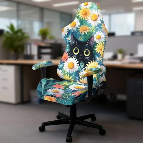 Suobstales Cat Daisy Flower Pattern Gaming Chair Cover, Removable Office Chair Cover with Zipper, Stretch Anti-dust Universal Washable High Back Computer Seat Protector for Pets - color: Cat Daisy Flower