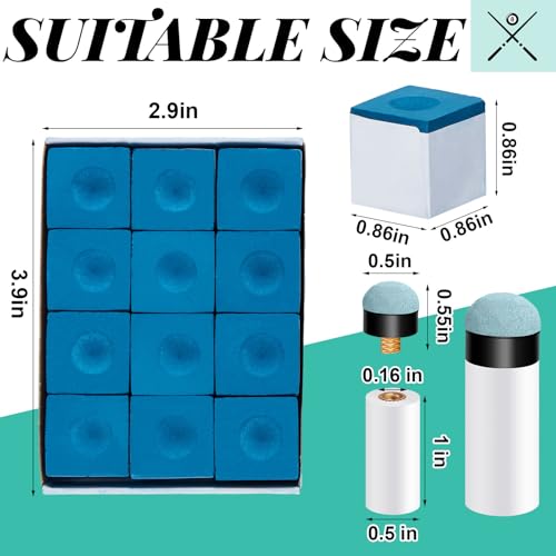 Junkin 24 Pool Cue Chalks and 24 Billiard Cue Tips Replacement Kit with Ferrules Blue Chalk Pool Table Accessories for Table Chalk Cubes Screw on Billiard Tip for Home Tournament Use