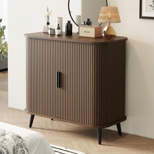 Svimi Accent Cabinet with Sliding Doors - Walnut Sideboard Buffet Cabinet with Storage for Coffee Bar, Console Table - MCM Design Bar Cabinets for Modern Home Décor
