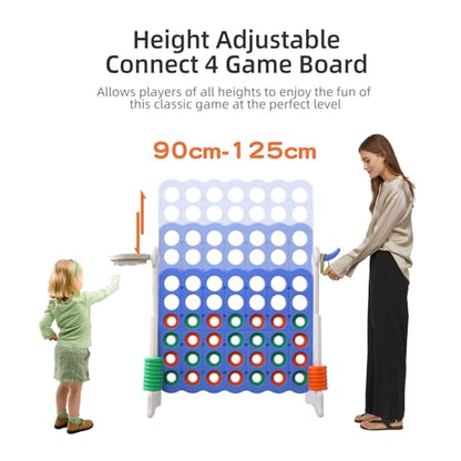UNICOO Jumbo 4-in-a-Row Game Set, Height Adjustable Indoor Outdoor Yard Game with Basketball Hoop, Ring Toss & Carrying Bag, Family Party Lawn Game for Kids and Adults - color: Blue & White