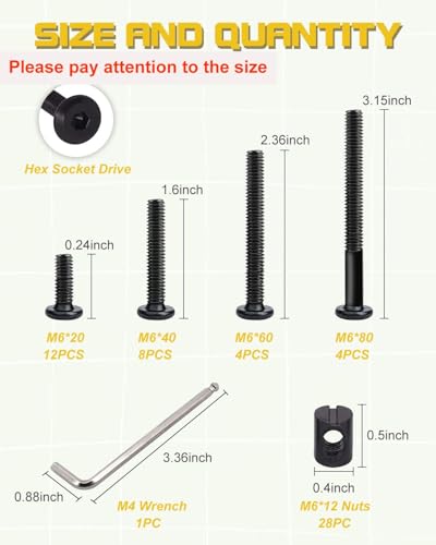 Crib Screws Bolts Hardware Replacement Kit, 28 Set M6 Bolts &Barrel Nuts for Bed Frame,Furniture,Chairs and Cabinets - M6x20/40/60/80mm Hex Drive Socket Cap Screws Assortment - size: Black-28 Set