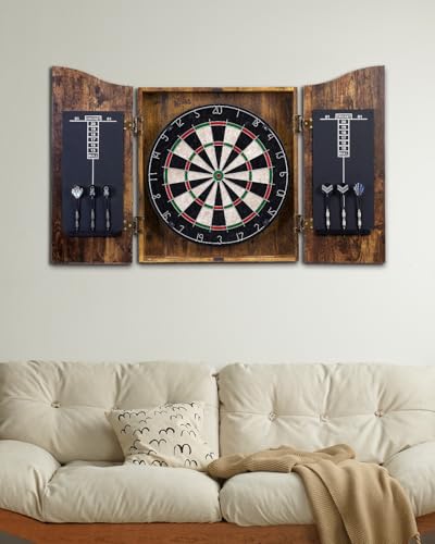 Sisal Dart Board Cabinet Sets, Decorative Dart Boards for Adults [6*Steel Darts] - Wooden Dartboard Cabinet with Integrated Scoreboard for Family Game Rooms - style: RETRO