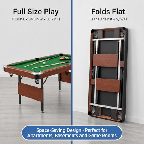 63.8 Inch Foldable Pool Table, No Assembly, Steel Folding Legs, 4-Point Leveling Feet, Complete Set — 16 Balls, Triangle, Chalk, Felt Brush - color: Green Felt+Wood Color Frame