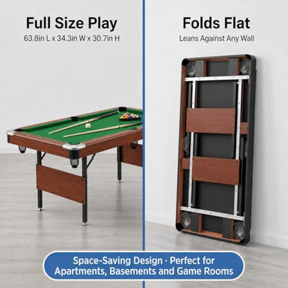 63.8 Inch Foldable Pool Table, No Assembly, Steel Folding Legs, 4-Point Leveling Feet, Complete Set — 16 Balls, Triangle, Chalk, Felt Brush - color: Green Felt+Wood Color Frame