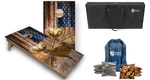 Tailgating Pros Tournament Grade American Themed Cornhole Board Set w/Built-in Multicolored Lights, Bean Bags, and Carrying Case - 4'x2' Cornhole Toss - color: Deer/American Flag
