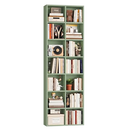 FOTOSOK 71'' Tall Bookshelf with 14 Cubes, 7 Tier Double Wide Bookshelf with 6 Adjustable Shelves, 19.6" Narrow Bookcase DVD/CD Media Storage Shelf, Space Saving Display Shelf Cabinet, Green - color: Green