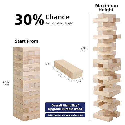 GOTHINK Giant Tumble Tower Game, Large Tumbling Tower Stacking to Over 4 FT 54pcs Wooden Jumbo Blocks for Outside Yard Games with Carry Case Timber Stacking Game Night Toy Gift for Kids Adults Family - size: L-Over 4FT