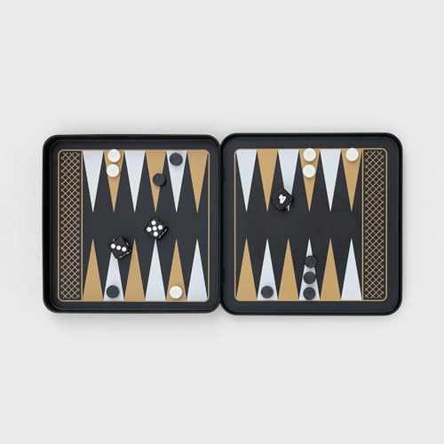 Iron & Glory Magnetic Travel Backgammon Set Durable Tin Case with Secure Magnetic Pieces, Compact & Portable Board Game for Family Strategy Game with Carry Pouch Easy On-the-Go Fun, Ideal Novelty Gift - color: Black