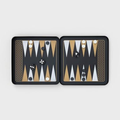 Iron & Glory Magnetic Travel Backgammon Set Durable Tin Case with Secure Magnetic Pieces, Compact & Portable Board Game for Family Strategy Game with Carry Pouch Easy On-the-Go Fun, Ideal Novelty Gift - color: Black
