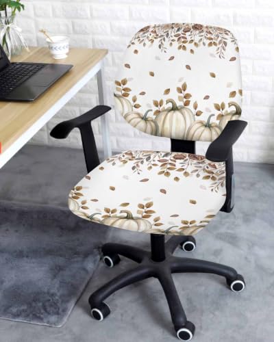Savannan Office Chair Cover, Autumn Idyllic Plant Pumpkin Floral Protective Stretch Elastic Universal Cover for Desk Task Chair,Computer Rotating Chair 1 Pcs Light Brown and White