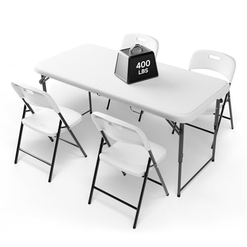4FT Folding Table Set with 4 Chairs – Heavy-Duty 400 lb Table & 600 lb Chairs, Dual-Height Adjustment, Portable Folding Furniture Set for Camping, Parties, Indoor & Outdoor Use - color: White Table & Chairs, size: 4ft-Quick Adjust, style: 4 chairs
