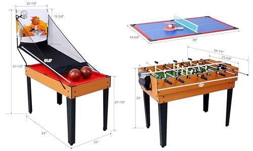 5-in-1 Multi-Game Table - Billiards, Push Hockey, Foosball, Ping Pong, and Basketball Brown/red