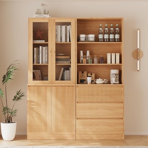 TUSY Tall Bookcase with Glass Doors and Drawers,71'' Wooden Bookshelf with Storage,Display Cabinet for Living Room, Home Office,Set of 2 (A+B)