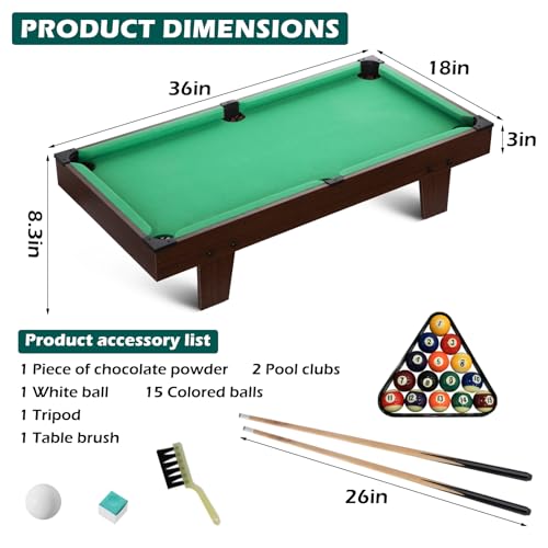 Portable Pool Table & Billiard Set, Mini Billiards Game, Small Tabletop Pool Set Includes Balls, Sticks, Chalk, Brush & Triangle for Family