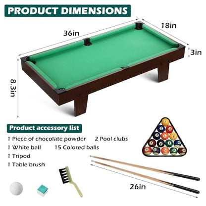 Portable Pool Table & Billiard Set, Mini Billiards Game, Small Tabletop Pool Set Includes Balls, Sticks, Chalk, Brush & Triangle for Family