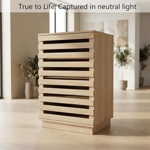 holzart Modern Slatted Wood Audio Component Cabinet, 4-Tier Stereo Equipment Rack Media Stand with Ventilated Door & Cable Management, Oak Finish 35.4" Tall