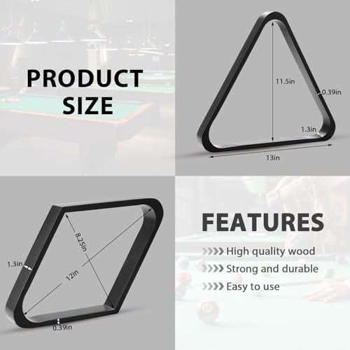 22 Pcs Pool Table Brush Set Wooden Billiard Rack 8 or 9 Ball Triangle Diamond for 2-1/4" Pool Ball with Polish Cloth Sticky Lint Roller Cue Chalk Cube Accessories - color: Black