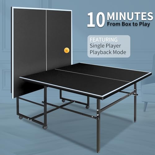 Ping Pong Table Foldable Indoor 8/8.5/9FT Single Player Playback Mode Game Set with Paddles and Balls - color: Black-8.5x4.3FT