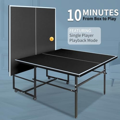 Ping Pong Table Foldable Indoor 8/8.5/9FT Single Player Playback Mode Game Set with Paddles and Balls - color: Black-8.5x4.3FT