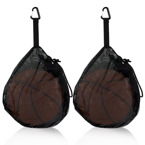 Klmnop 2 Pcs Single Ball Bag Zipper Pocket, Mesh Carry Bag with Adjustable Drawstring and Clip, Sports Bag for Basketball Volleyball Soccer Football