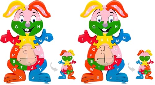 LovesTown Wooden Puzzles for Kids, Double Sided Rabbit Jigsaw with Alphabet & Numbers, Montessori Educational Toy for Toddlers, Chunky Animal Gift (Pack of 2) - size: Medium (Pack of 2), style: Rabbit