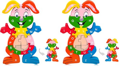 LovesTown Wooden Puzzles for Kids, Double Sided Rabbit Jigsaw with Alphabet & Numbers, Montessori Educational Toy for Toddlers, Chunky Animal Gift (Pack of 2) - size: Medium (Pack of 2), style: Rabbit