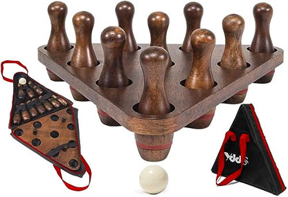 Shuffleboard Bowling Pin Set with 10 Pcs Premium Hardwood Bowling Pins Durabel Triangular Pinsetter Resin Bowling Ball and Carrying Bag, Fun for Shuffleboard Games - color: Retro-Red