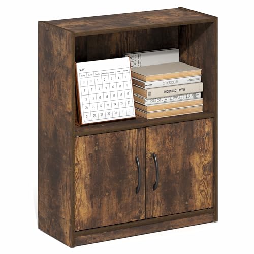 Furinno Gruen Book Shelf, 2-Tier Small Bookshelf, Bookcase with Open Shelf and Doors Storage Cabinet, 9.3 x 21.8 x 27, for Organization and Storage, for Living Room, Bedroom, Home Office, Amber Pine - color: Amber Pine, size: 2-Tier with Cabinet