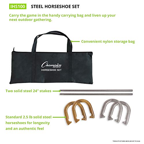 Champion Sports Horseshoe Set: Traditional Outdoor Lawn Game includes Four Professional Solid Steel Horseshoes with Solid Steel Stakes & Carrying Storage Case - style: Deluxe Set