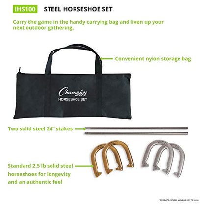 Champion Sports Horseshoe Set: Traditional Outdoor Lawn Game includes Four Professional Solid Steel Horseshoes with Solid Steel Stakes & Carrying Storage Case - style: Deluxe Set