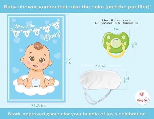Party Hearty Pin the Pacifier on the Baby, Baby Shower Game - Blue Boy | 1 Large Poster, 56 Colorful Binky Stickers, 1 Blindfold & Double-Sided Tape - color: Boy Blue - Pin the Binky