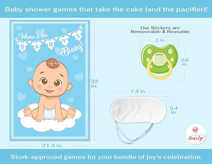 Party Hearty Pin the Pacifier on the Baby, Baby Shower Game - Blue Boy | 1 Large Poster, 56 Colorful Binky Stickers, 1 Blindfold & Double-Sided Tape - color: Boy Blue - Pin the Binky