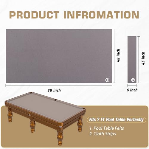 Pool Table Felt Cloth Billiard Cloth with 6 Pcs Cloth Strips and Staple Remover Pool Table Felt Replacement Kit Parts - color: Grey, size: 7ft