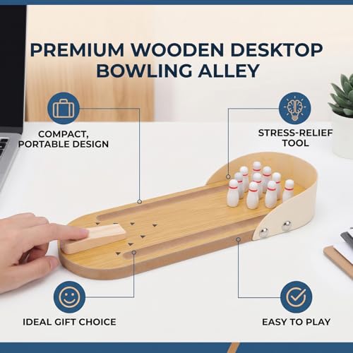 Aramox Tabletop Mini Bowling Game Set, Wooden Desktop Bowling Alley 30 X 10cm, Metal Ball and 10 Pins, Portable Stress Relief Finger Sport for Office Home Adults Teens
