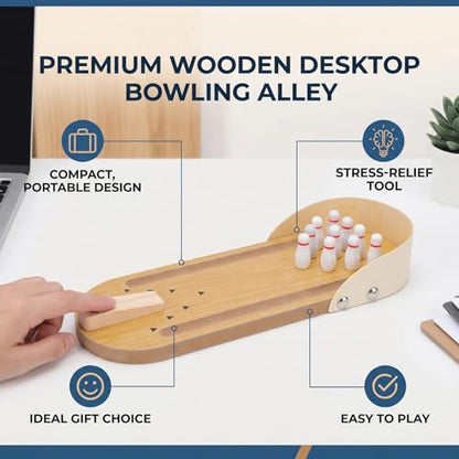 Aramox Tabletop Mini Bowling Game Set, Wooden Desktop Bowling Alley 30 X 10cm, Metal Ball and 10 Pins, Portable Stress Relief Finger Sport for Office Home Adults Teens