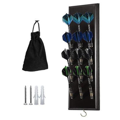 Darts Holder Wall Mount - Solid Wood Dart Display Rack Displays 12 Steel Soft Tip Darts Dart Caddy for Wall with Metal Hook Accessory Storage Bag Organiser Dart Stand for Game Rooms Bars Home Use