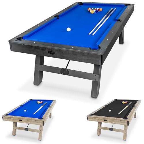 GoSports 8 ft Pool Tables with Wood Finish - Choose Your Style - Modern Billiards Table with 2 Cue Sticks, Balls, Rack, Felt Brush and Chalk - color: Blue, Black Wood Finish