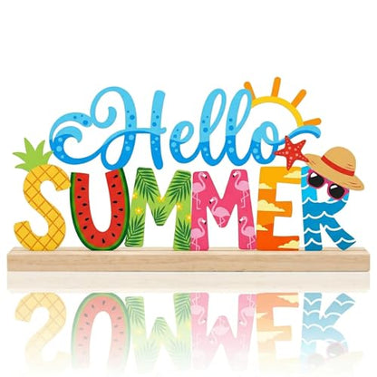 Hello Summer Table Decorations Summer Tropical Metal Table Sign Beach Holiday Tabletop Centerpiece Beach Tiered Tray Decor for Home Kitchen Mantel Party Centerpieces - style: Hello Summer